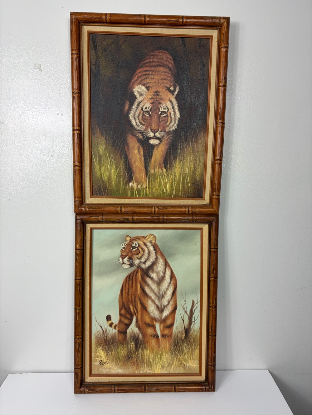 Vintage Bengal Tiger Oil Painting In faux bamboo frame set of 2